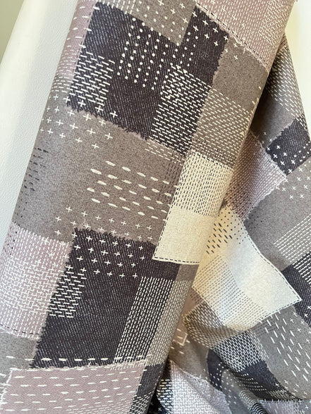 Taupe, Off- White- Sashiko Patchwork Print on Cotton- Linen Canvas Fabric- Kokka- 43” Wide