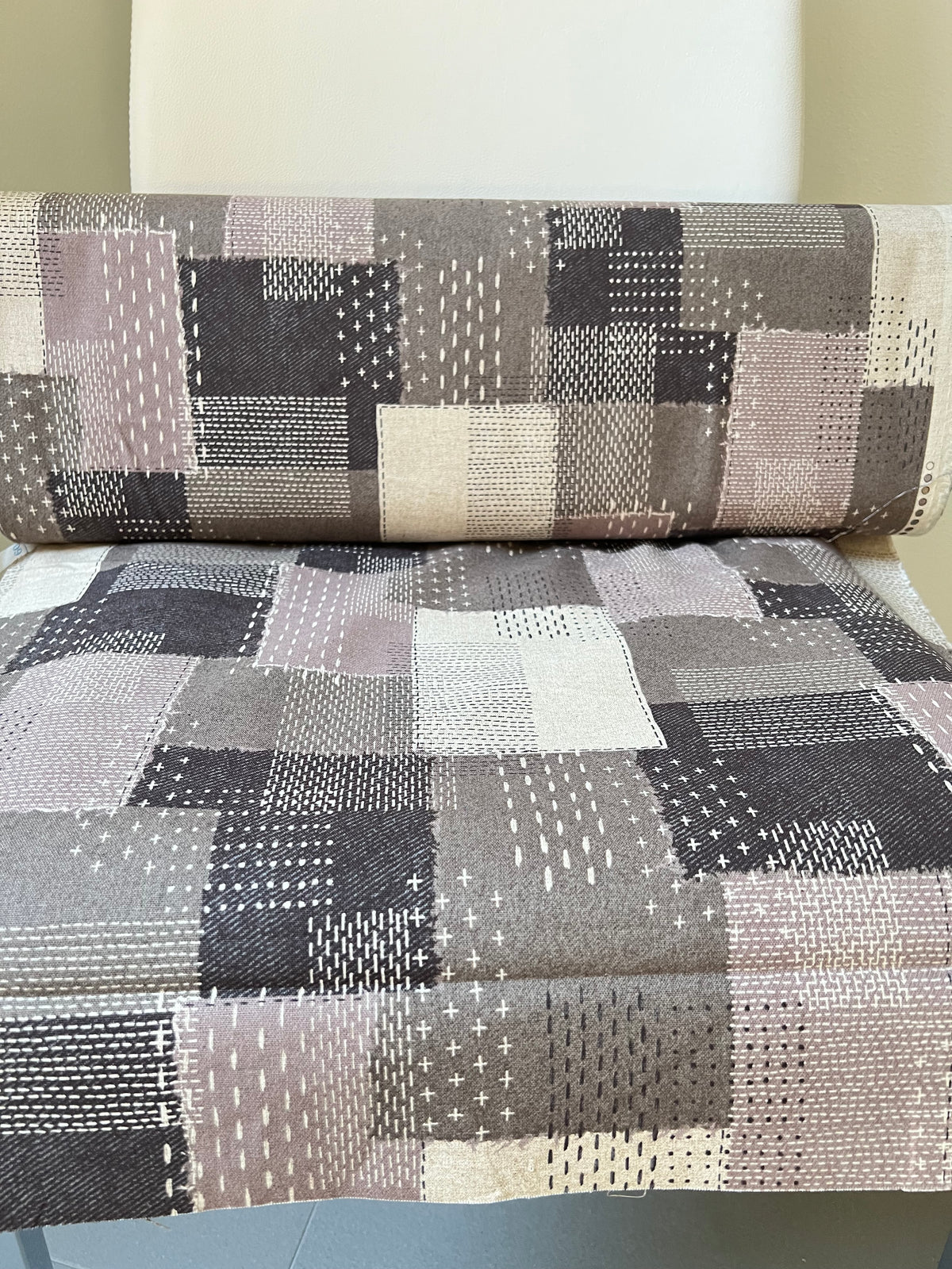 Taupe, Off- White- Sashiko Patchwork Print on Cotton- Linen Canvas Fabric- Kokka- 43” Wide