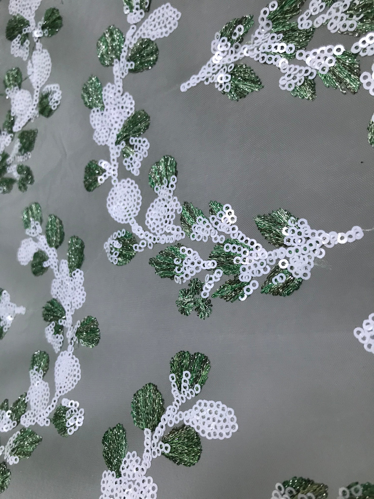 Green Embroidery and White Sequins on Tulle- 48