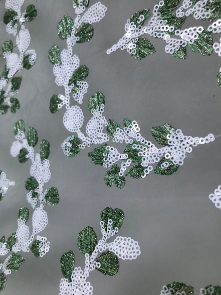Green Embroidery and White Sequins on Tulle- 48" (113)