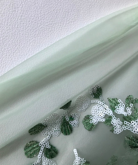 Green Embroidery and White Sequins on Tulle- 48" (113)