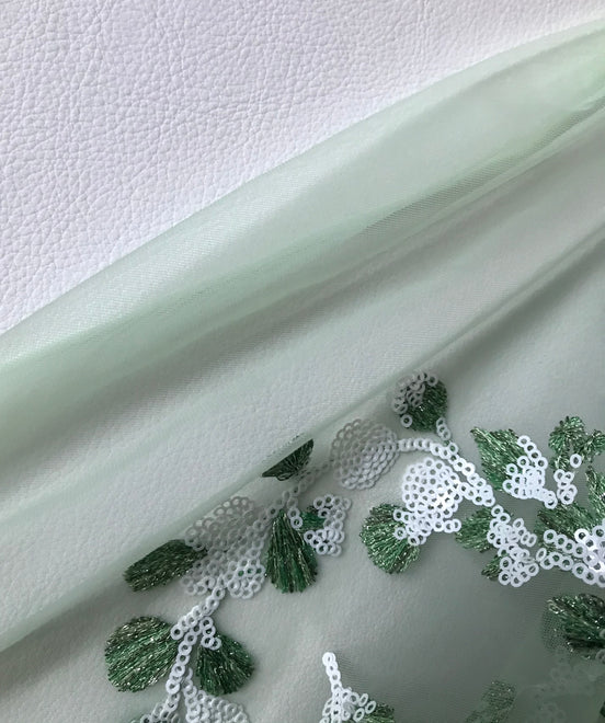 Green Embroidery and White Sequins on Tulle- 48" (113)