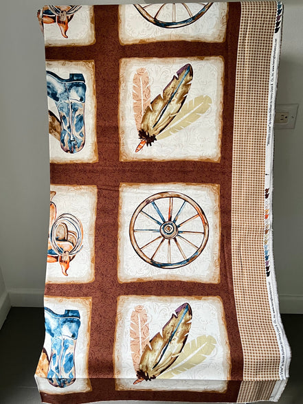 Blocks Panel - 24” Long- Cowboy Boots, Hats, Saddle, Horseshoe- “Western View"- Gingham Border- 42” Wide- Cotton Fabric