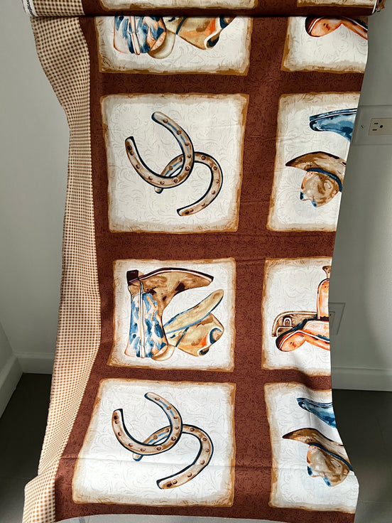 Blocks Panel - 24” Long- Cowboy Boots, Hats, Saddle, Horseshoe- “Western View"- Gingham Border- 42” Wide- Cotton Fabric