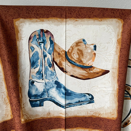 Blocks Panel - 24” Long- Cowboy Boots, Hats, Saddle, Horseshoe- “Western View"- Gingham Border- 42” Wide- Cotton Fabric