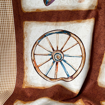 Blocks Panel - 24” Long- Cowboy Boots, Hats, Saddle, Horseshoe- “Western View"- Gingham Border- 42” Wide- Cotton Fabric