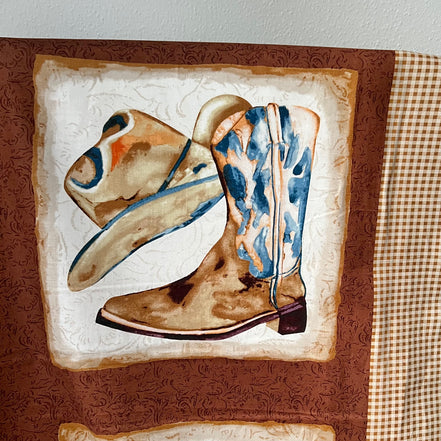 Blocks Panel - 24” Long- Cowboy Boots, Hats, Saddle, Horseshoe- “Western View"- Gingham Border- 42” Wide- Cotton Fabric