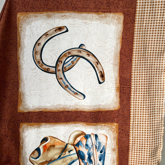 Blocks Panel - 24” Long- Cowboy Boots, Hats, Saddle, Horseshoe- “Western View"- Gingham Border- 42” Wide- Cotton Fabric