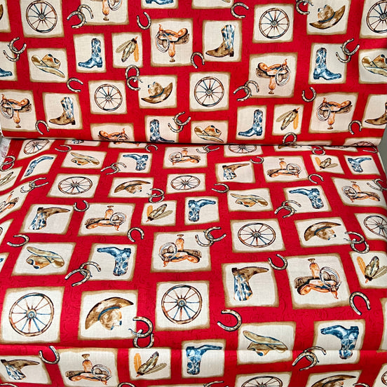 Cowboy Boots, Hats, Saddle, Horseshoe- “Western View"- On Red- 42” Wide- Cotton Fabric
