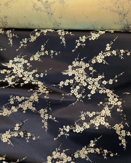 Gold and Black Cherry Blossom Silk, Rayon Blend Brocade- 29" Wide