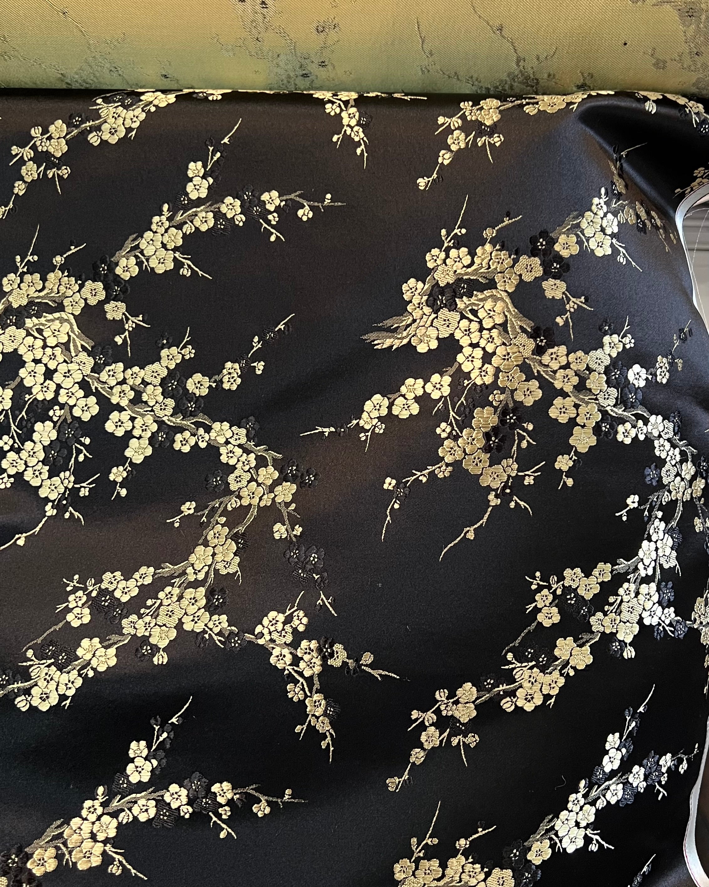 Gold and Black Cherry Blossom Silk, Rayon Blend Brocade- 29