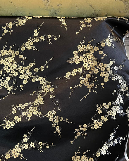 Gold and Black Cherry Blossom Silk, Rayon Blend Brocade- 29" Wide