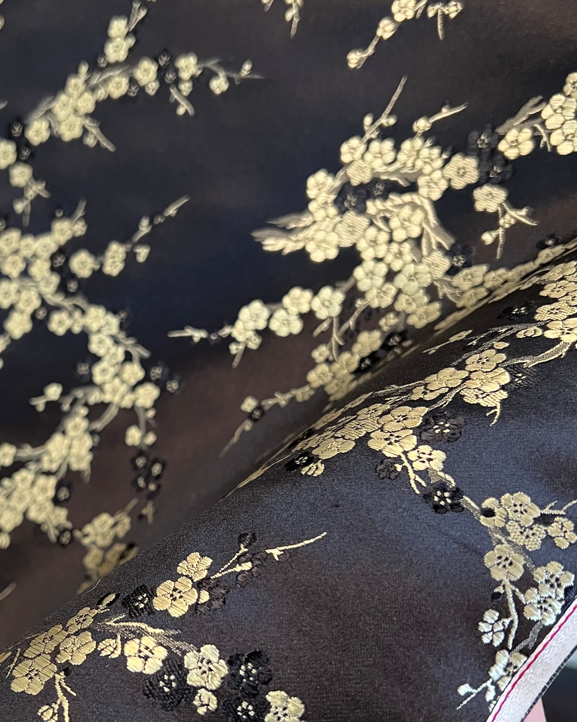 Gold and Black Cherry Blossom Silk, Rayon Blend Brocade- 29