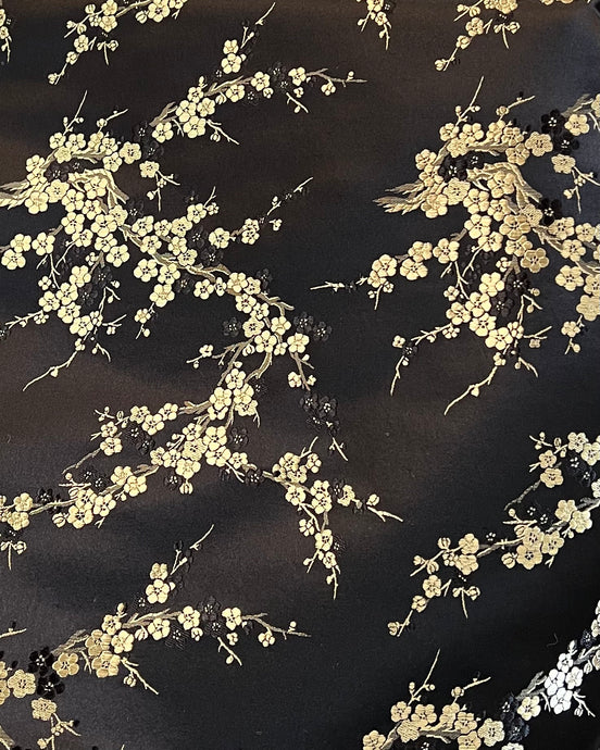 Gold and Black Cherry Blossom Silk, Rayon Blend Brocade- 29" Wide