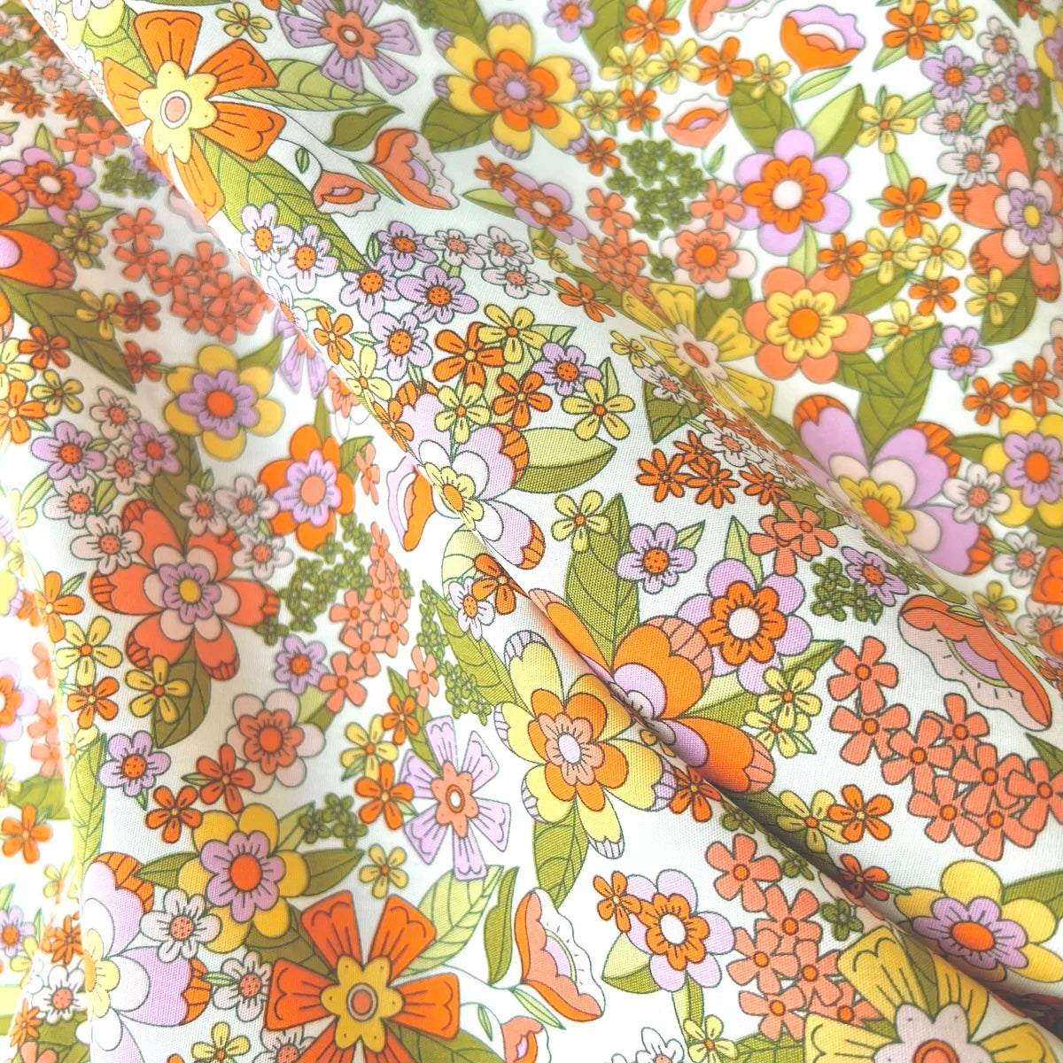 Orange, Green, Lilac, Yellow on Off White Floral Print Cotton Fabric- 