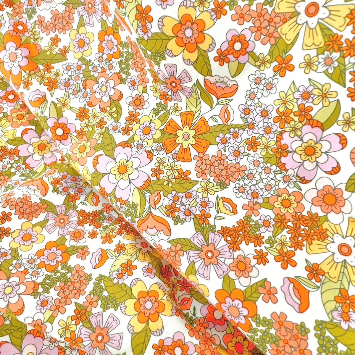 Orange, Green, Lilac, Yellow on Off White Floral Print Cotton Fabric- 