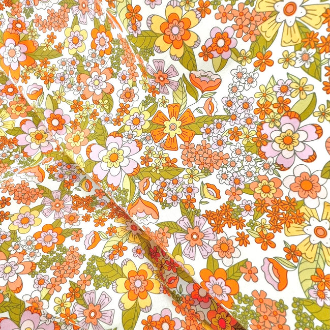 Orange, Green, Lilac, Yellow on Off White Floral Print Cotton Fabric- "Stay Groovy Sunshine"- 44"- AGF