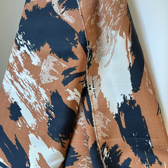 Brown, Navy, White- "Mira Pecan Pie" Viscose Fabric- Atelier Brunette France- 55” Wide