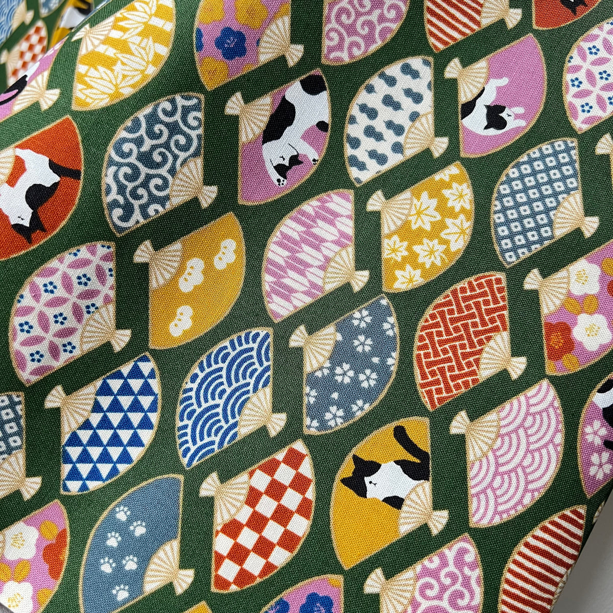 Black, White Cats, Fans on Olive Green- Hachiware Romance- Cosmo- Japanese Printed Cotton Sheeting- AP45903 1B- 44