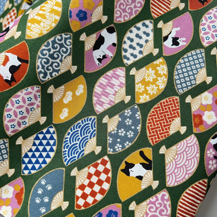 Black, White Cats, Fans on Olive Green- Hachiware Romance- Cosmo- Japanese Printed Cotton Sheeting- AP45903 1B- 44"