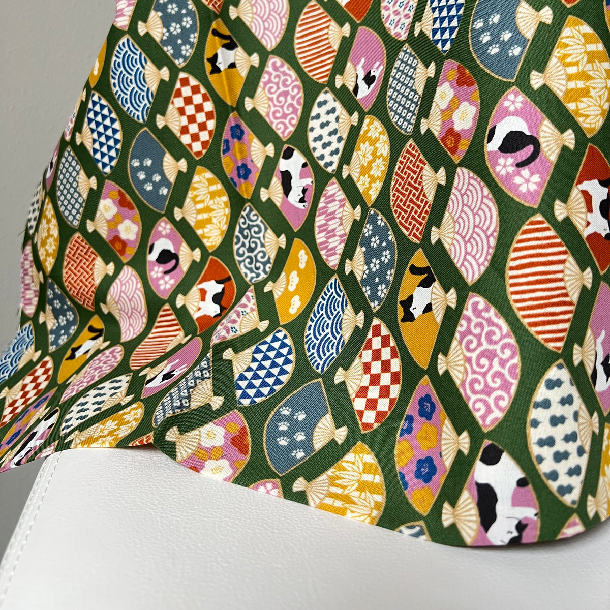 Black, White Cats, Fans on Olive Green- Hachiware Romance- Cosmo- Japanese Printed Cotton Sheeting- AP45903 1B- 44