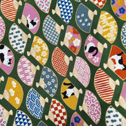 Black, White Cats, Fans on Olive Green- Hachiware Romance- Cosmo- Japanese Printed Cotton Sheeting- AP45903 1B- 44