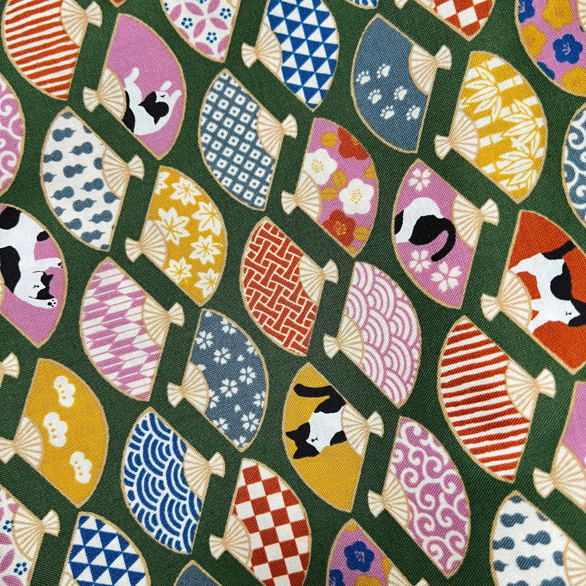 Black, White Cats, Fans on Olive Green- Hachiware Romance- Cosmo- Japanese Printed Cotton Sheeting- AP45903 1B- 44