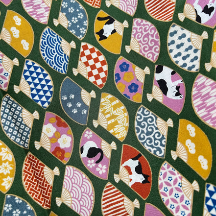 Black, White Cats, Fans on Olive Green- Hachiware Romance- Cosmo- Japanese Printed Cotton Sheeting- AP45903 1B- 44"