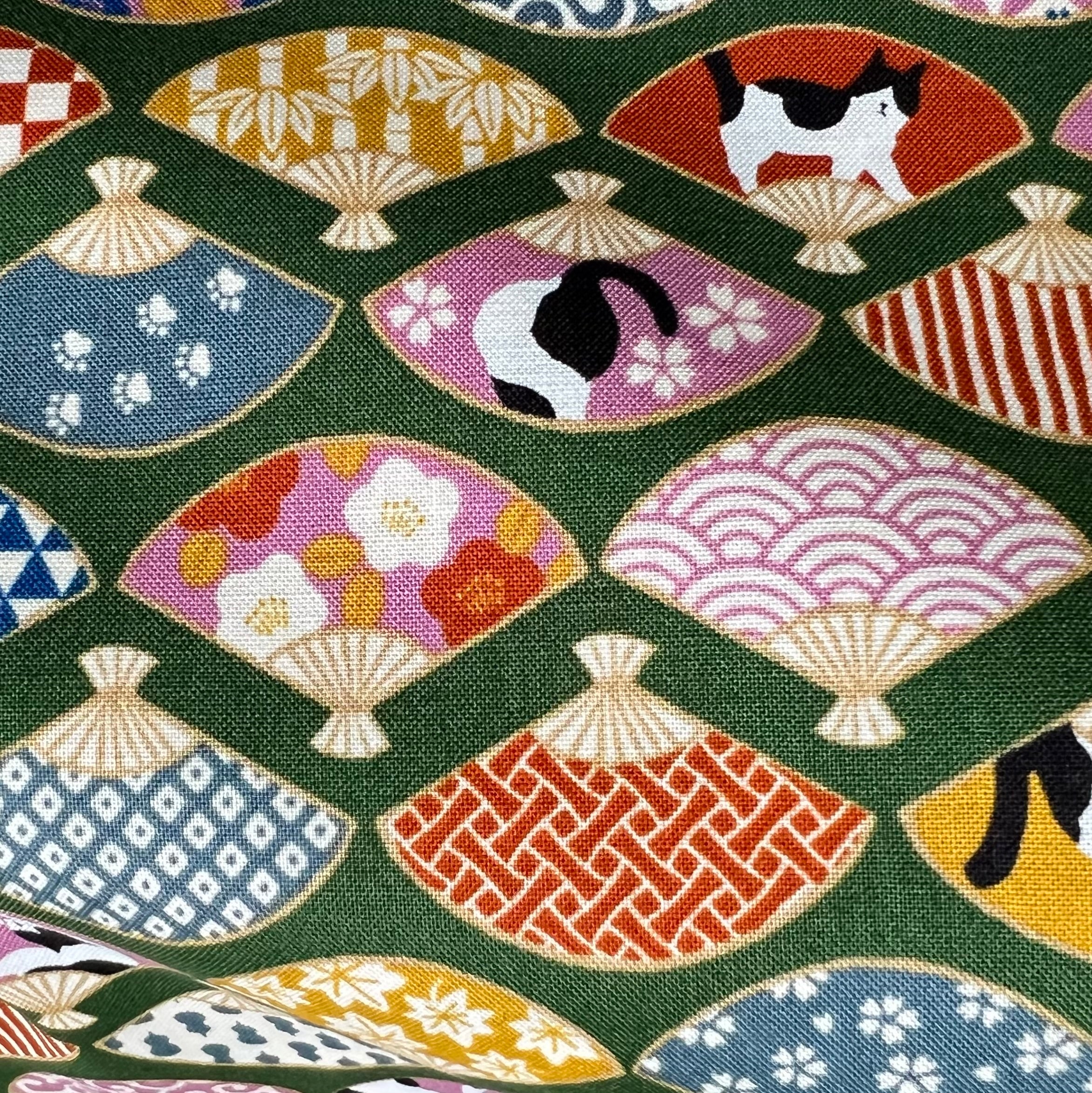Black, White Cats, Fans on Olive Green- Hachiware Romance- Cosmo- Japanese Printed Cotton Sheeting- AP45903 1B- 44