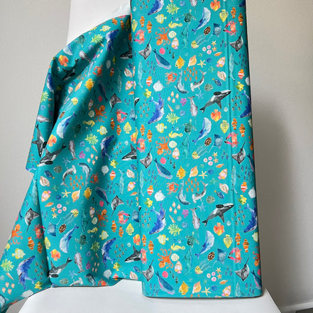 Colorful Sea Creatures on Turquoise Blue- ‘Under The Sea” Lewis & Irene Cotton Fabric- 44” Wide