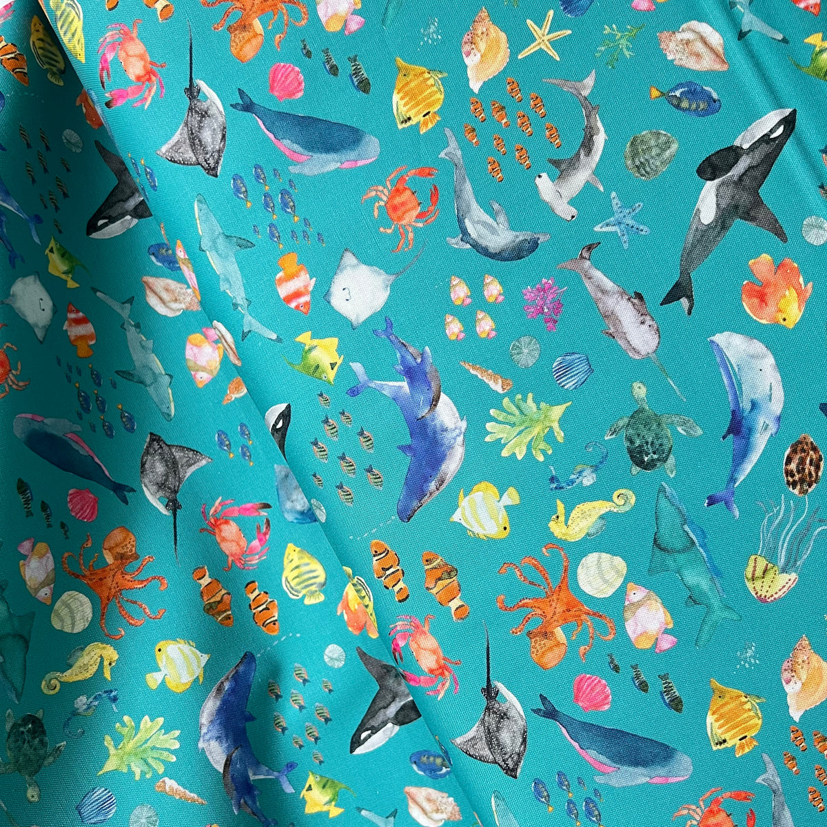 Colorful Sea Creatures on Turquoise Blue- ‘Under The Sea” Lewis & Irene Cotton Fabric- 44” Wide