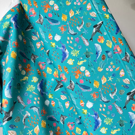Colorful Sea Creatures on Turquoise Blue- ‘Under The Sea” Lewis & Irene Cotton Fabric- 44” Wide