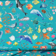 Colorful Sea Creatures on Turquoise Blue- ‘Under The Sea” Lewis & Irene Cotton Fabric- 44” Wide