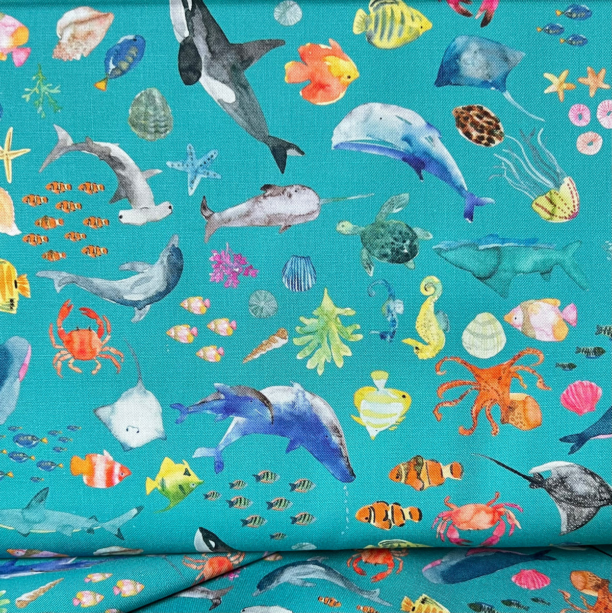 Colorful Sea Creatures on Turquoise Blue- ‘Under The Sea” Lewis & Irene Cotton Fabric- 44” Wide