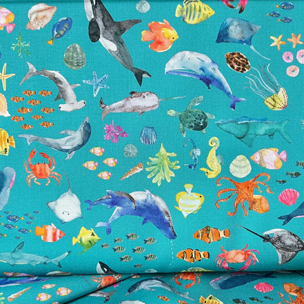 Colorful Sea Creatures on Turquoise Blue- ‘Under The Sea” Lewis & Irene Cotton Fabric- 44” Wide