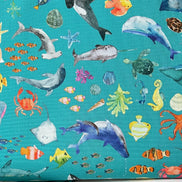Colorful Sea Creatures on Turquoise Blue- ‘Under The Sea” Lewis & Irene Cotton Fabric- 44” Wide