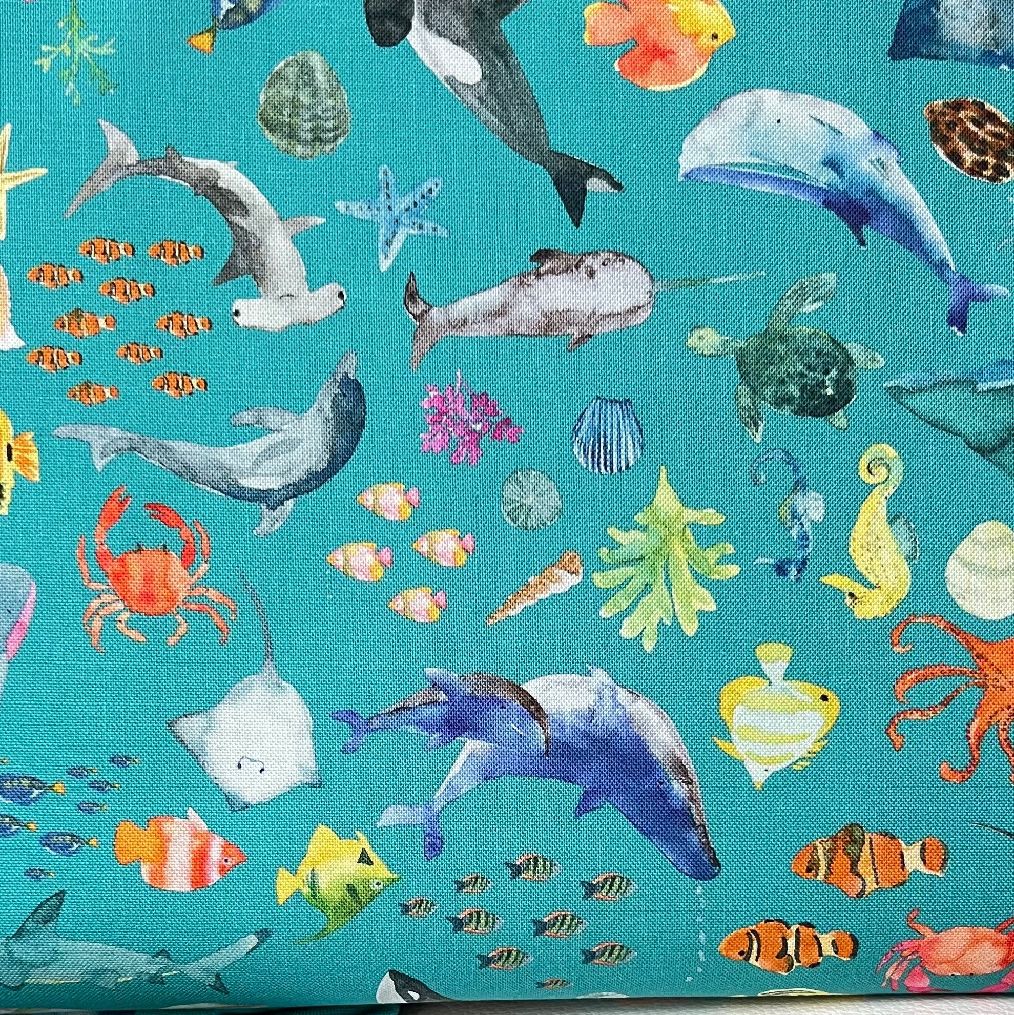 Colorful Sea Creatures on Turquoise Blue- ‘Under The Sea” Lewis & Irene Cotton Fabric- 44” Wide