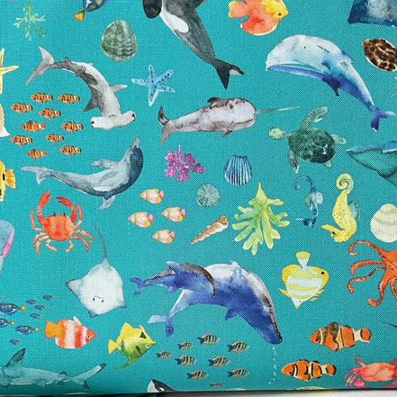 Colorful Sea Creatures on Turquoise Blue- ‘Under The Sea” Lewis & Irene Cotton Fabric- 44” Wide