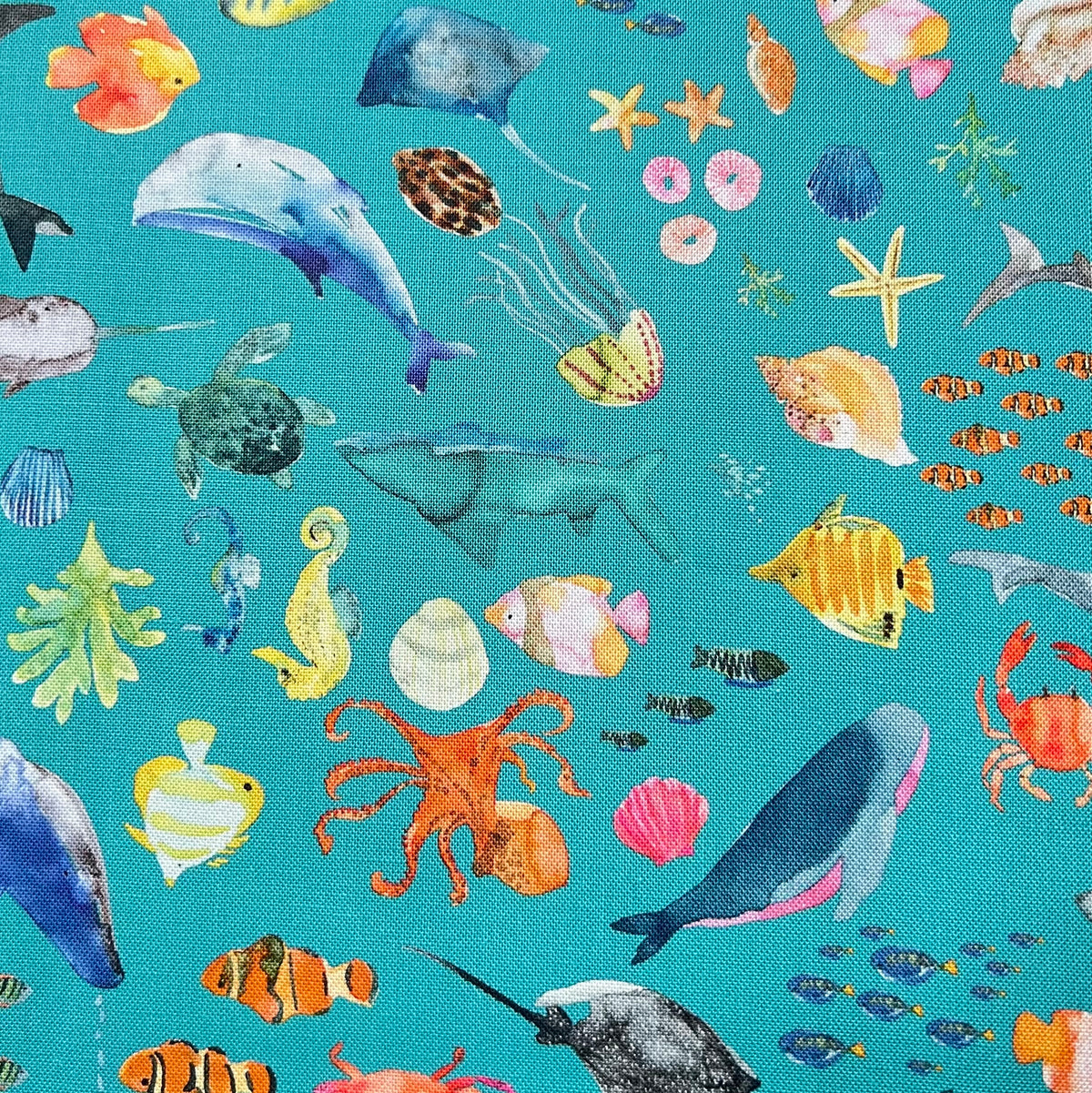 Colorful Sea Creatures on Turquoise Blue- ‘Under The Sea” Lewis & Irene Cotton Fabric- 44” Wide