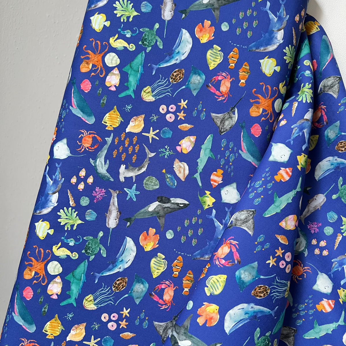Colorful Sea Creatures on Royal Blue- ‘Under The Sea” Lewis & Irene Cotton Fabric- 44” Wide