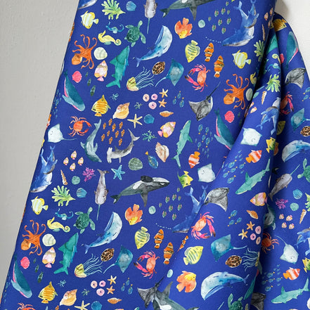 Colorful Sea Creatures on Royal Blue- ‘Under The Sea” Lewis & Irene Cotton Fabric- 44” Wide