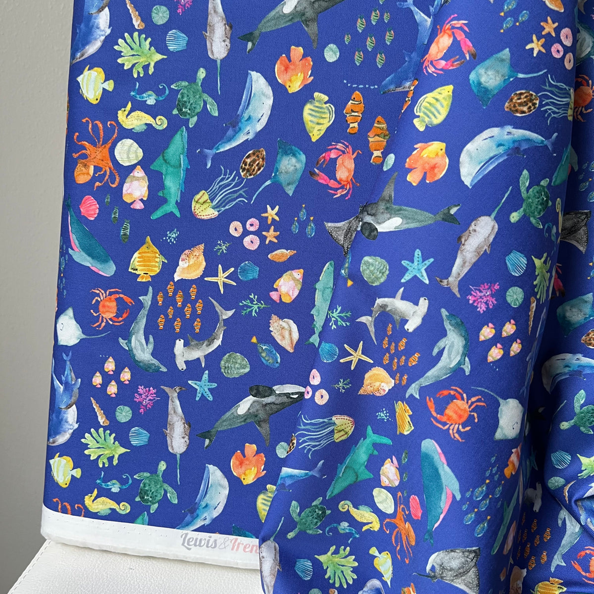 Colorful Sea Creatures on Royal Blue- ‘Under The Sea” Lewis & Irene Cotton Fabric- 44” Wide