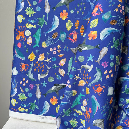 Colorful Sea Creatures on Royal Blue- ‘Under The Sea” Lewis & Irene Cotton Fabric- 44” Wide