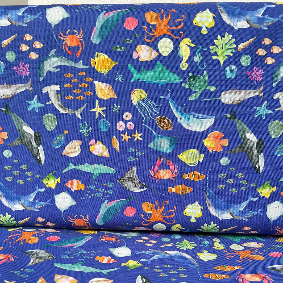 Colorful Sea Creatures on Royal Blue- ‘Under The Sea” Lewis & Irene Cotton Fabric- 44” Wide