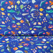 Colorful Sea Creatures on Royal Blue- ‘Under The Sea” Lewis & Irene Cotton Fabric- 44” Wide