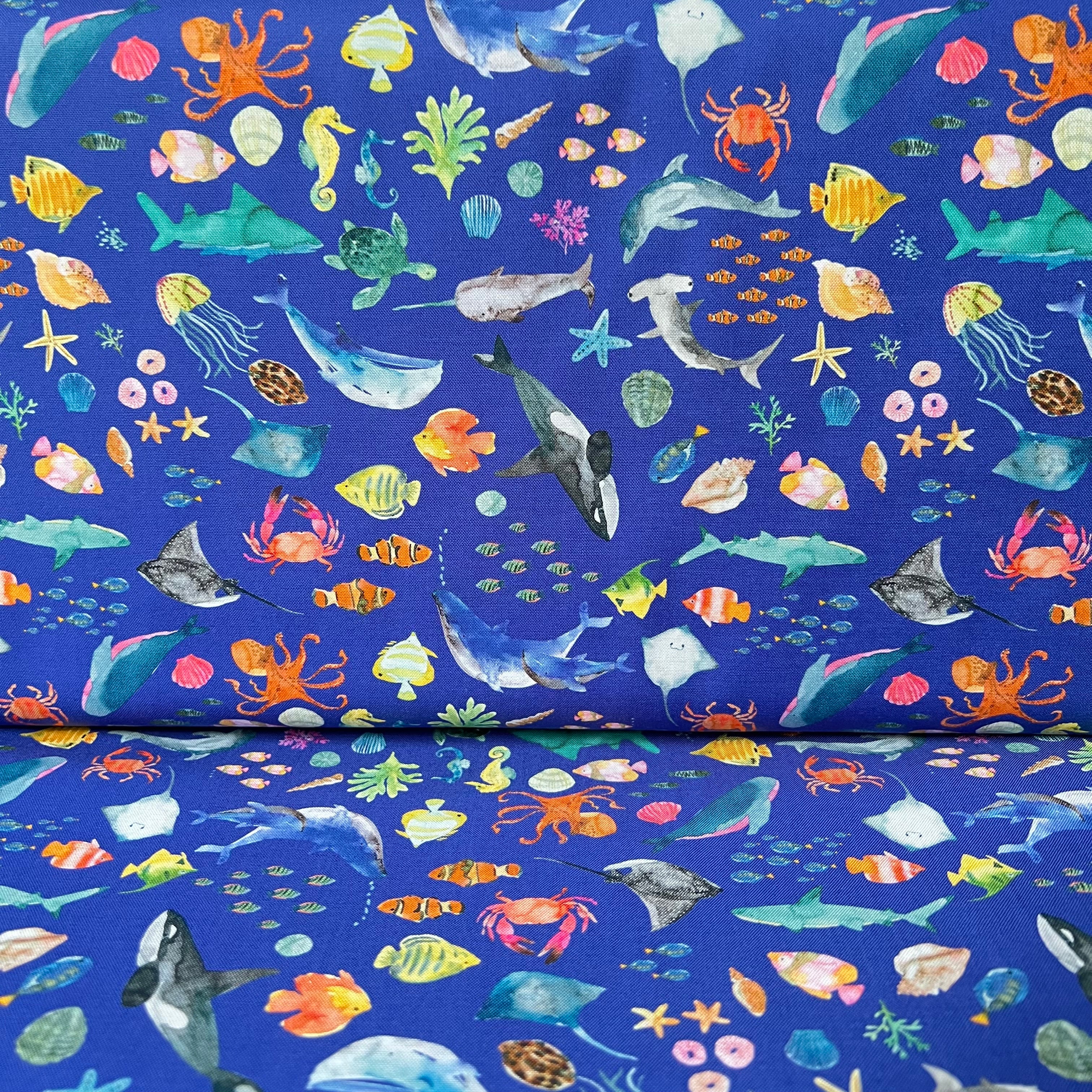 Colorful Sea Creatures on Royal Blue- ‘Under The Sea” Lewis & Irene Cotton Fabric- 44” Wide