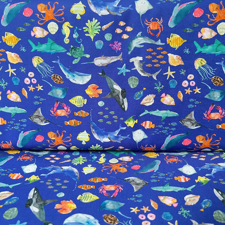 Colorful Sea Creatures on Royal Blue- ‘Under The Sea” Lewis & Irene Cotton Fabric- 44” Wide