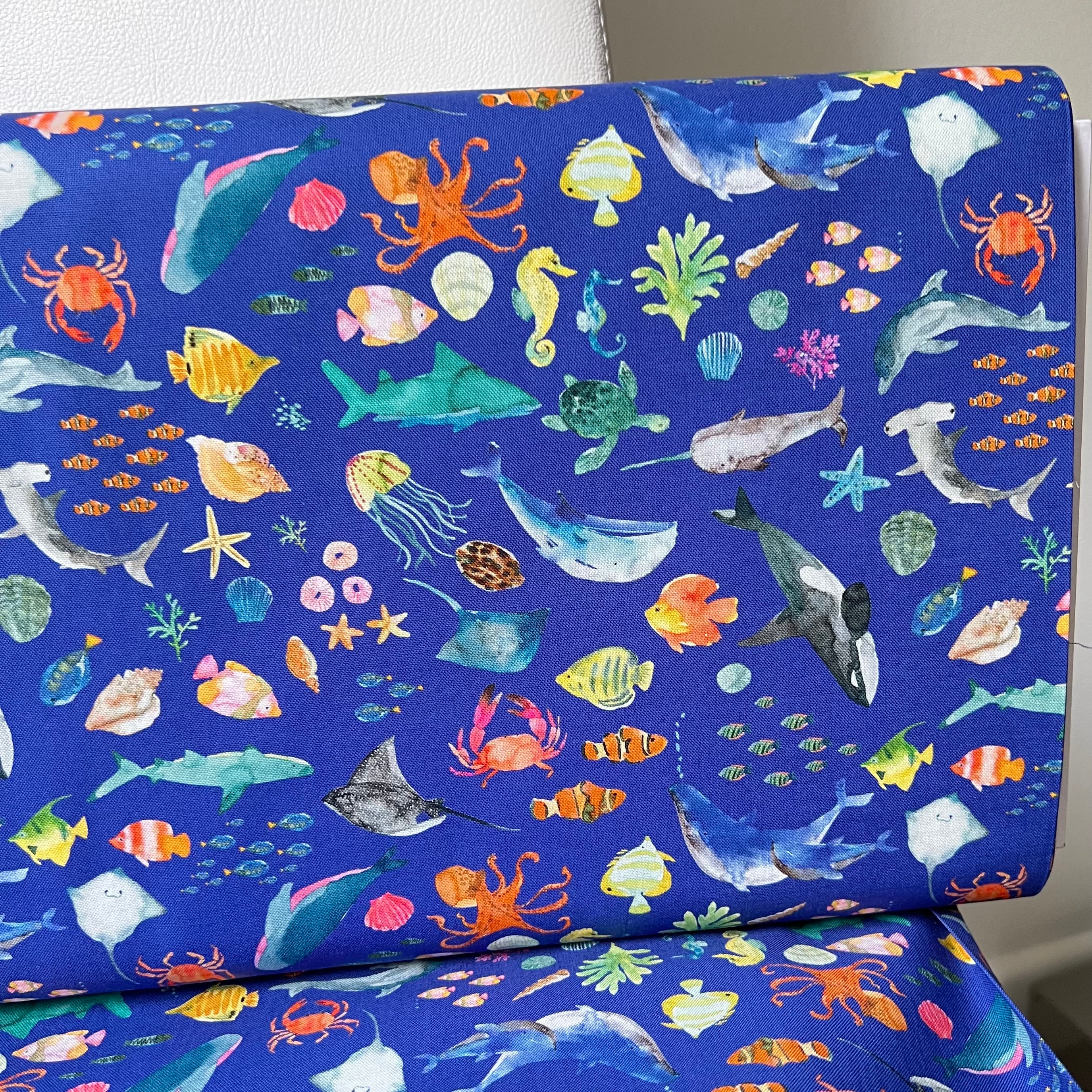 Colorful Sea Creatures on Royal Blue- ‘Under The Sea” Lewis & Irene Cotton Fabric- 44” Wide