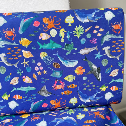 Colorful Sea Creatures on Royal Blue- ‘Under The Sea” Lewis & Irene Cotton Fabric- 44” Wide