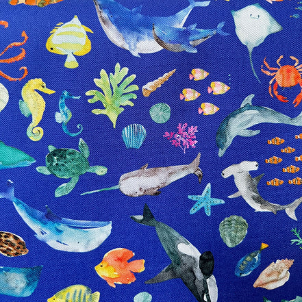 Colorful Sea Creatures on Royal Blue- ‘Under The Sea” Lewis & Irene Cotton Fabric- 44” Wide